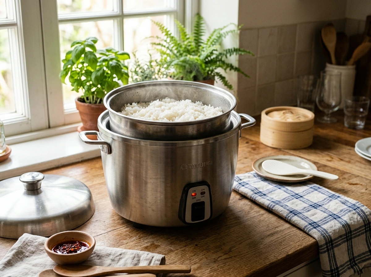 Brushed stainless steel indirect-steam rice cooker with uncoated 304 stainless steel inner pot on a wooden counter