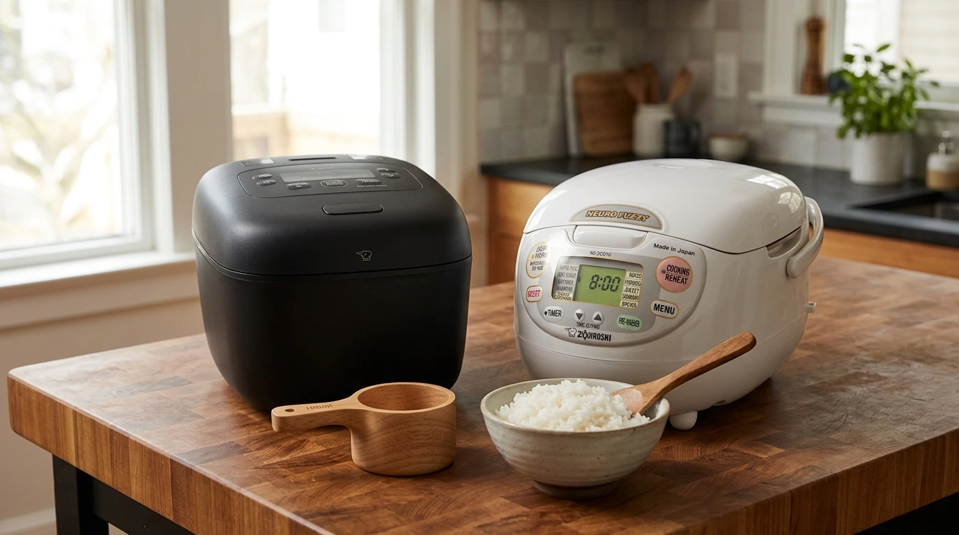 Matte-black Zojirushi NL-EAC18 next to white Zojirushi NS-ZCC10 Neuro Fuzzy on a butcher-block counter