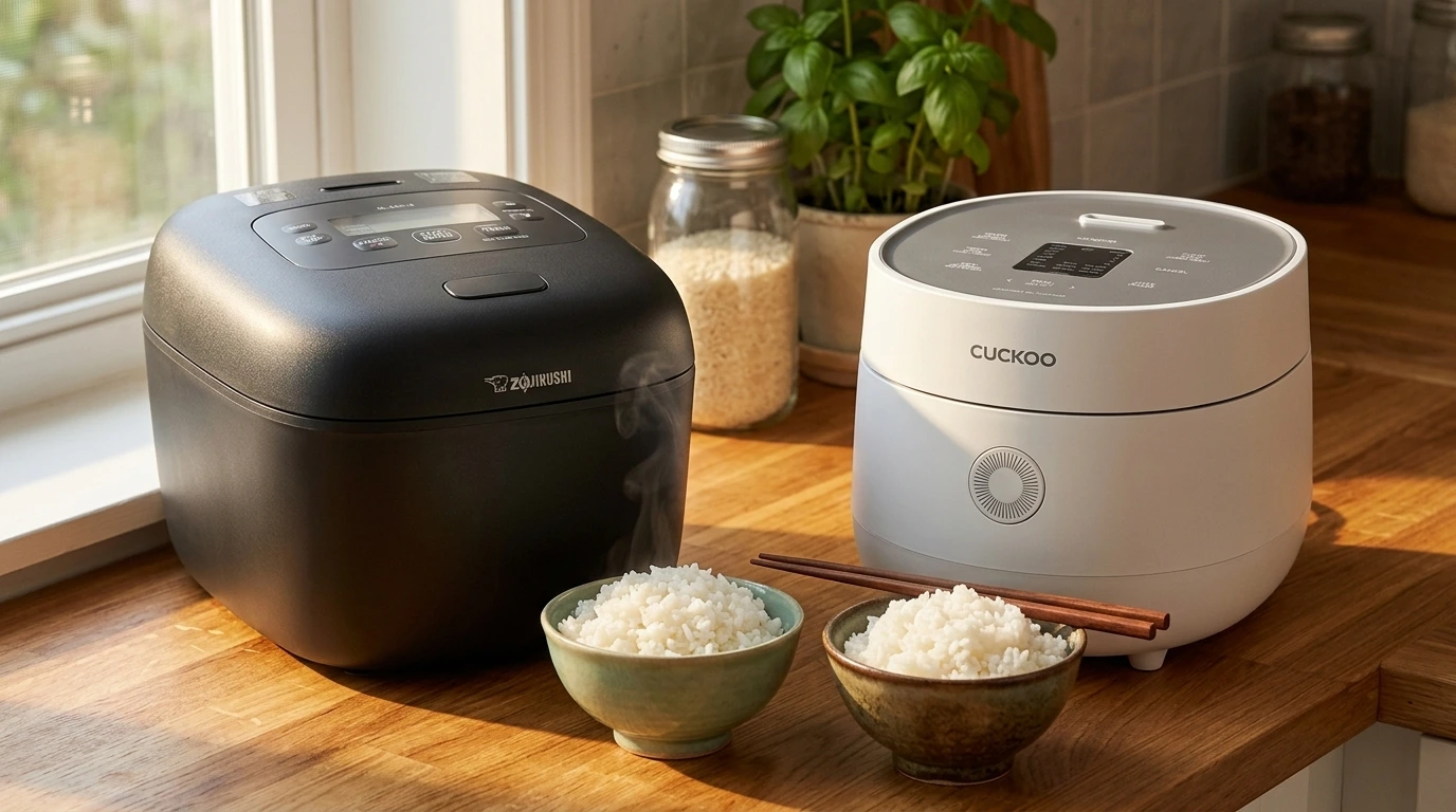 Zojirushi NL-EAC18 and Cuckoo CR-0675F side by side on a kitchen counter