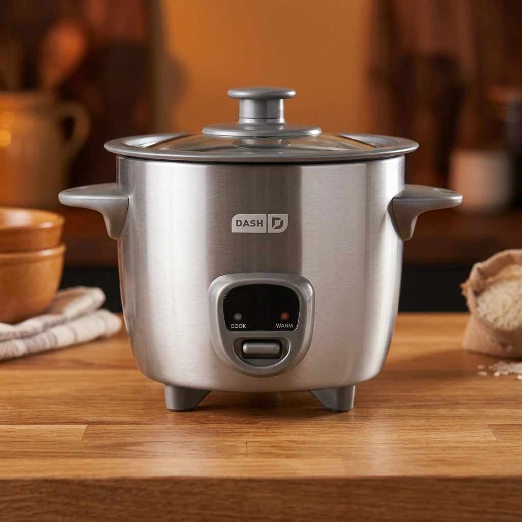 Brushed silver Dash Mini DRCM200 1-cup uncooked (2-cup cooked) mechanical rice cooker with glass lid and single front lever switch on a wooden counter