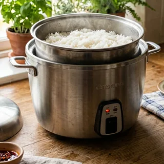 Tatung TAC-10G 10-cup indirect-steam 304 stainless steel rice cooker with uncoated stainless inner pot of steamed rice on a wooden counter