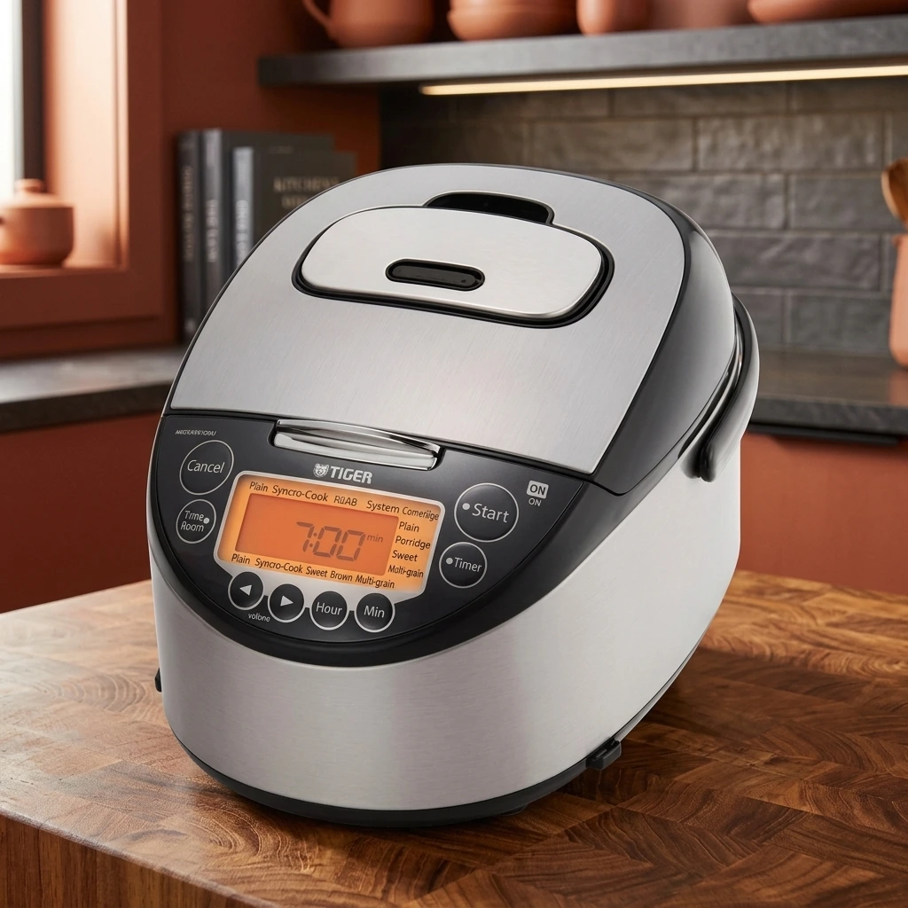 Brushed stainless and black Tiger JKT-D10U 5.5-cup Induction Heating (IH) Made-in-Japan rice cooker with orange LCD screen on a butcher-block counter