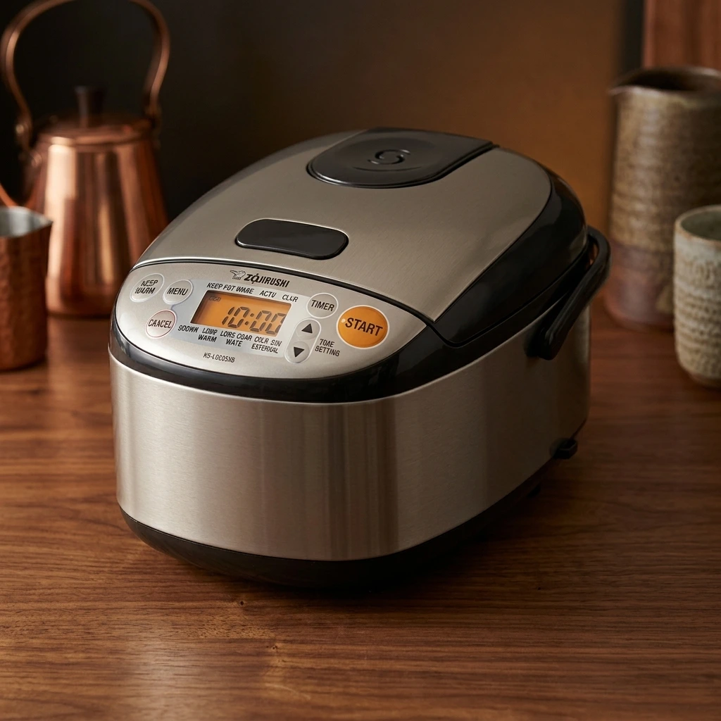 Compact stainless-black Zojirushi NS-LGC05XB 3-cup Micom rice cooker with orange-backlit LCD screen and carry handle on a walnut countertop