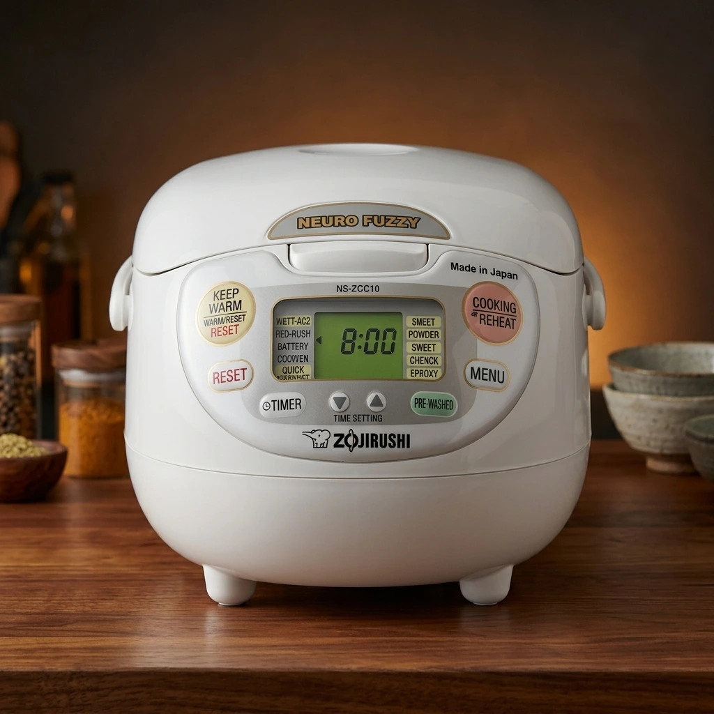 White Zojirushi NS-ZCC10 5.5-cup Neuro Fuzzy Made-in-Japan rice cooker with carry handle on a walnut countertop